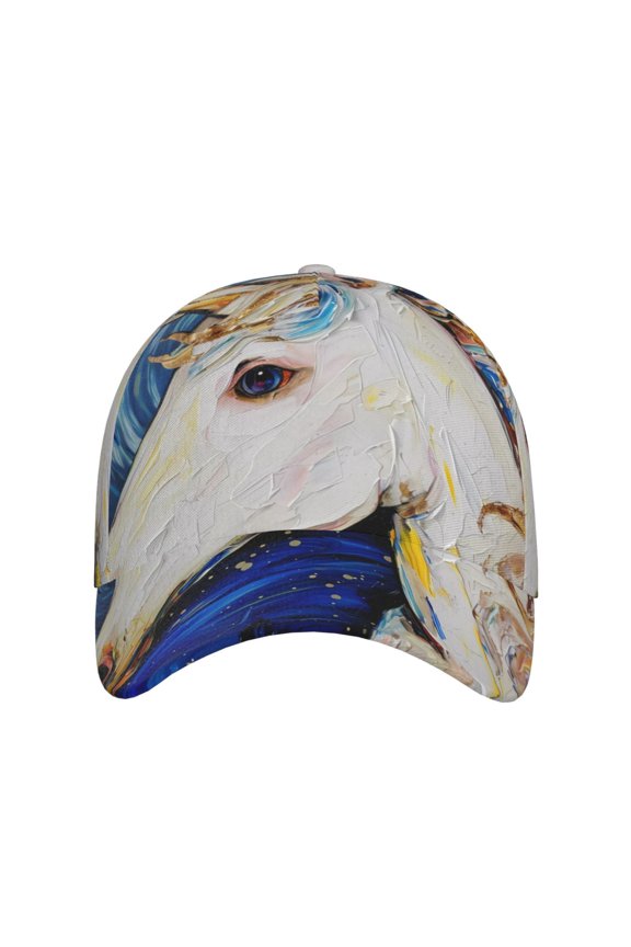 Starry White Horse for Baseball Cap: Unisex, crafted from classic polyester twill fabric, featuring a soft unconstructed design
