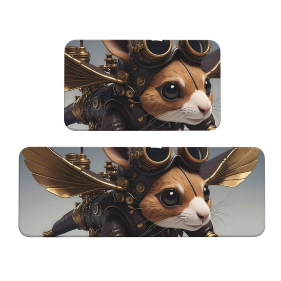 Xecao Steampunk Squirrel Pilot Patten Kitchen Rugs and Mats Sets,2 Pieces Non-Slip Washable Rugs, Kitchen Mat for Floor,Suit for Kitchen Decor and Accessories