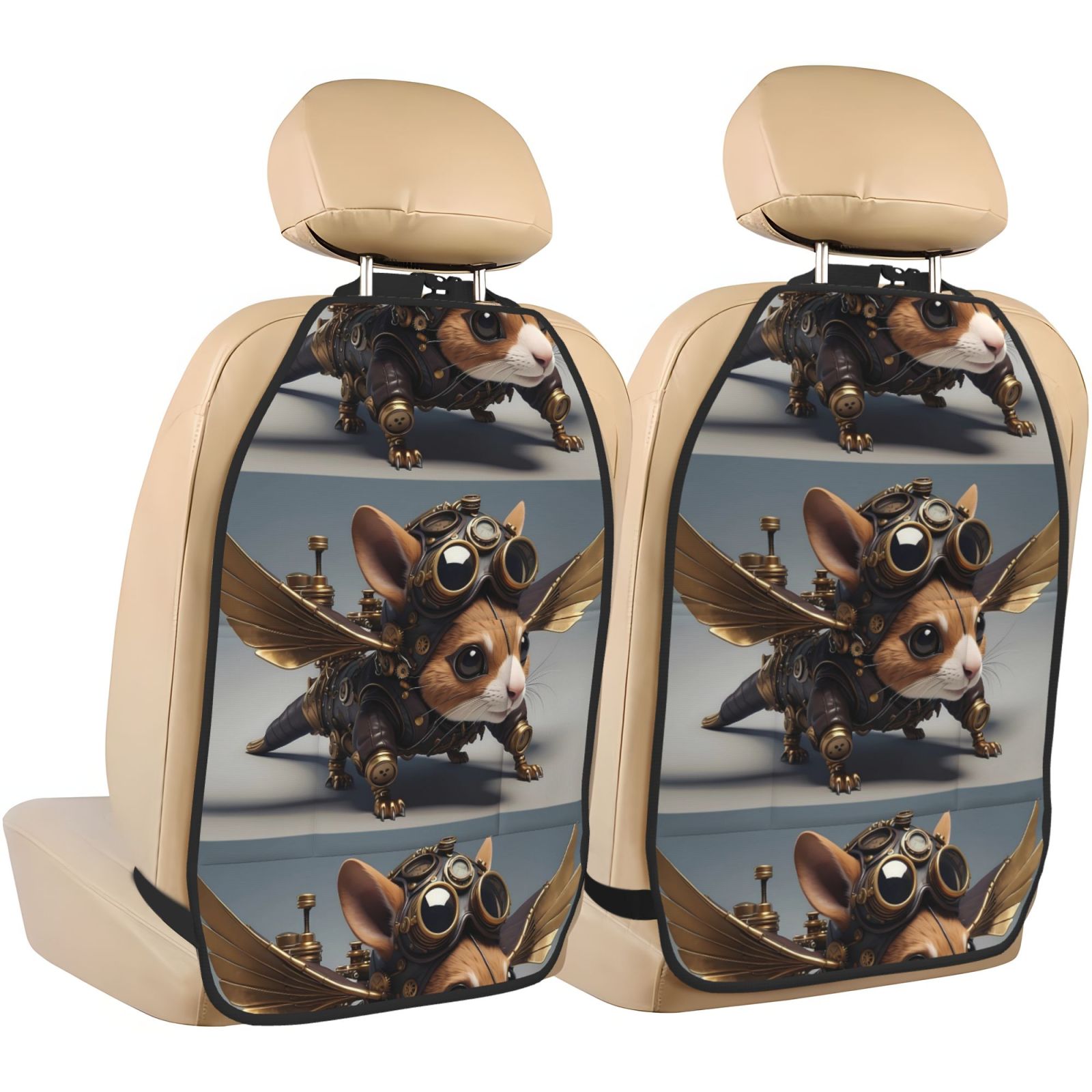 Xecao Steampunk Squirrel Pilot Pattern Car Seat Back Protector 2 Pack Large Capacity Pocket, Kick Mats Back Seat Protector