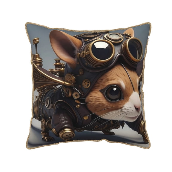 Xecao Steampunk Squirrel Pilot Print Soft Velvet Decorative Throw Pillow Covers, Square Cushion Cases for Bed, Sofa, Living Room, Car, and Indoor Outdoor Use-16"x16"