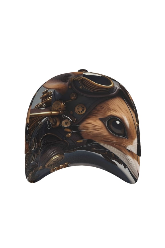 Steampunk Squirrel Pilot for Baseball Cap: Unisex, crafted from classic polyester twill fabric, featuring a soft unconstructed design