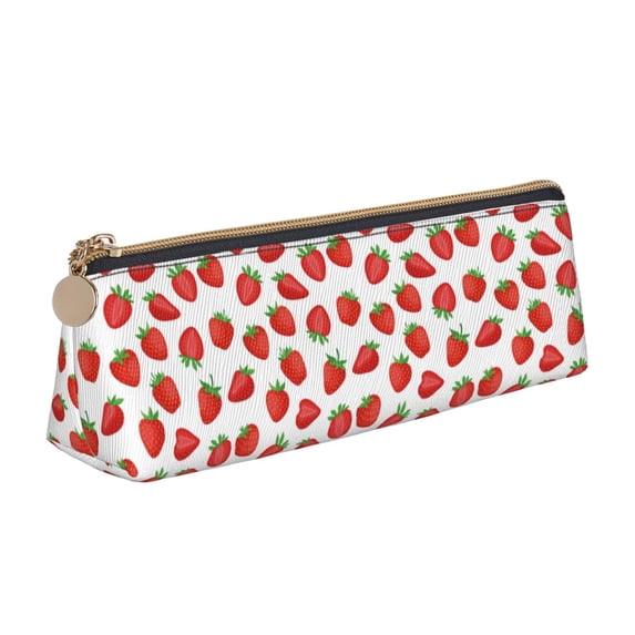 Xecao Strawberries Print Leather Pencil Case -Stationery Bag Pen Holder for Work & Office