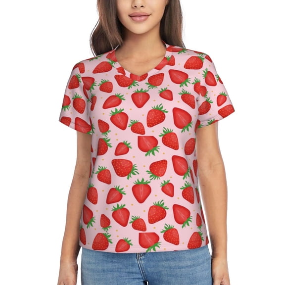 Xecao Strawberries for Women's V-Neck T-Shirts-Elegant Half-Sleeve Tops Perfect for Summer-3X-Large