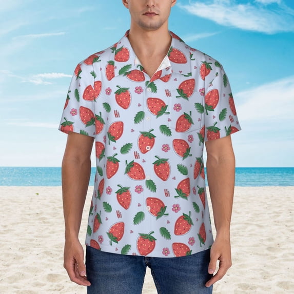 Xecao Strawberries print Hawaiian shirt - a stylish short-sleeve button-down for men, perfect for casual beach and tropical outings.