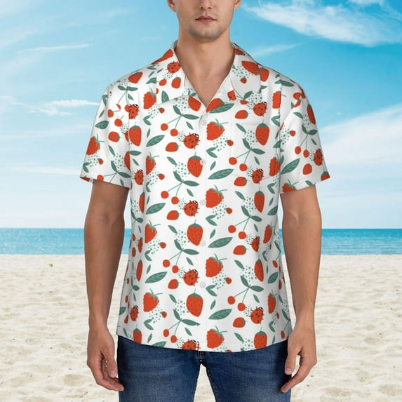 Xecao Strawberries print Hawaiian shirt - a stylish short-sleeve button-down for men, perfect for casual beach and tropical outings.