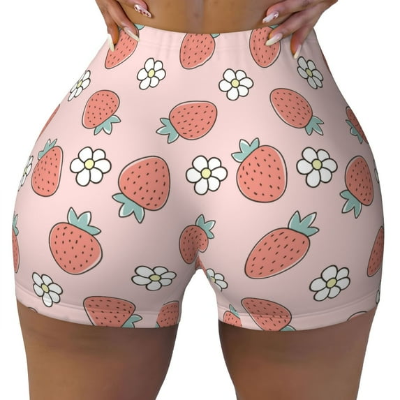 Xecao Strawberry And Flowers Print Workout Shorts for Women Soft Smooth Gym Yoga Scrunch Active Tennis Workout Running Shorts