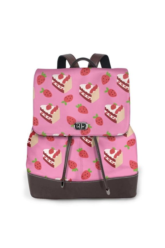 Strawberry Cake Print Large Backpack Soft Leather for Women Travel with Compartment, Adjustable Convertible Strap