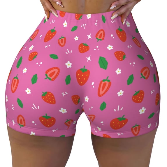 Xecao Strawberry Floral Print Workout Shorts for Women Soft Smooth Gym Yoga Scrunch Active Tennis Workout Running Shorts