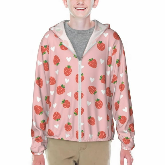 Xecao Strawberry Print Fishing Shirts for teenager Long Sleeve UV Sun Protection Hoodie with Zipper Outdoor Hiking Shirts-Medium