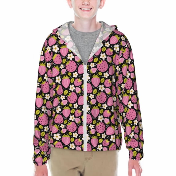 Xecao Strawberry Print Fishing Shirts for teenager Long Sleeve UV Sun Protection Hoodie with Zipper Outdoor Hiking Shirts-X-Large