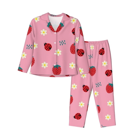 Xecao Strawberry and Ladybugs Print Women Pajamas Set Soft Sleepwear Pjs long Sleeve Button Down Nightwear with Long Pants