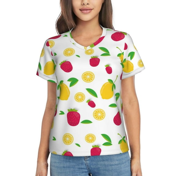 Xecao Strawberry and Lemon for Women's V-Neck T-Shirts-Elegant Half-Sleeve Tops Perfect for Summer-Large