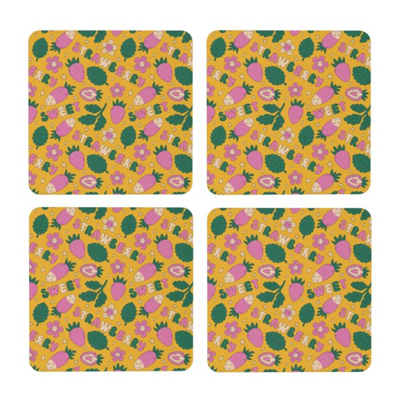 Xecao Strawberry for MDF Cork Coaster 4 Pcs,Drink Coasters,Suit for House Warming Gifts New Home ,Coffee Table Decor-Square