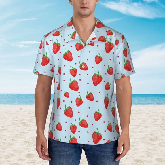 Xecao Strawberry print Hawaiian shirt - a stylish short-sleeve button-down for men, perfect for casual beach and tropical outings.