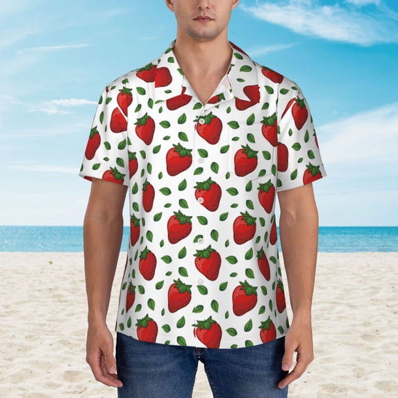 Xecao Strawberry print Hawaiian shirt - a stylish short-sleeve button-down for men, perfect for casual beach and tropical outings.