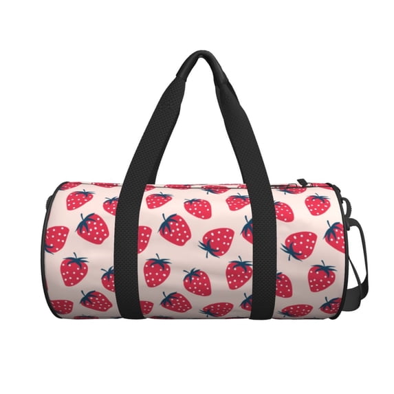 Xecao Strawberry print Round Travel Duffel Bag is a foldable gym bag with an inner pocket, perfect for travel sports