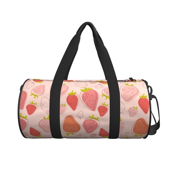 Xecao Strawberry print Round Travel Duffel Bag is a foldable gym bag with an inner pocket, perfect for travel sports