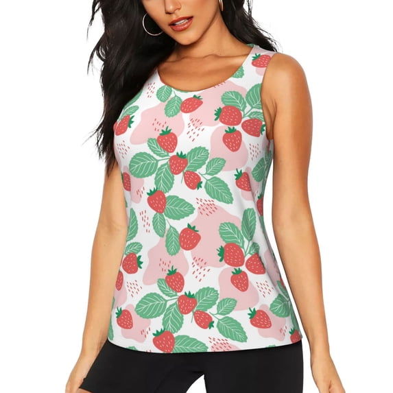 Xecao Strawberry print women's scoop neck, loose-fit workout tank tops for the gym.