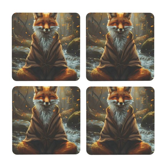 Xecao Streamside Meditating Fox for MDF Cork Coaster 4 Pcs,Drink Coasters,Suit for House Warming Gifts New Home ,Coffee Table Decor-Square