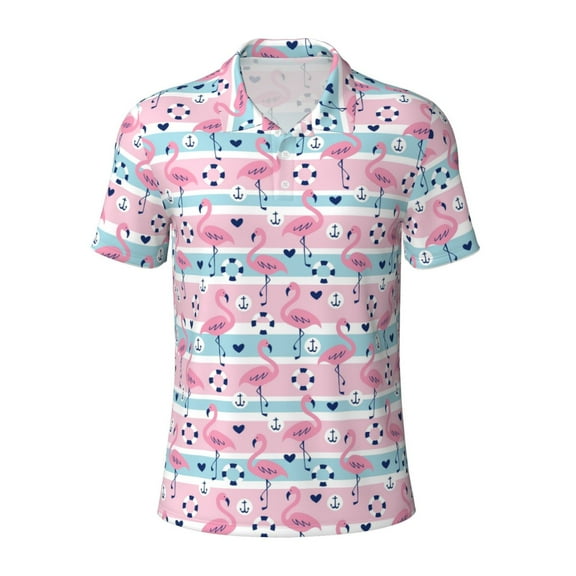 Xecao Striped Flamingo for Mens' Casual Short Sleeve Button-Down Polo Shirts for a Classic Golf Look