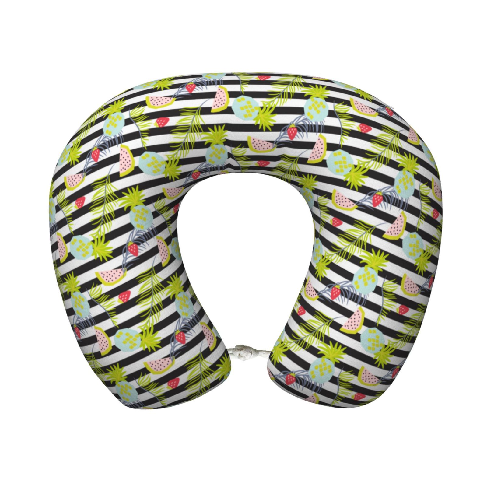 Xecao Striped With Palm Tree Branches Print Memory Foam Cervical Neck Pillow Versatile U-Shaped Pillows for Home,Office,Camping,Travelling,Soft Washable Cover