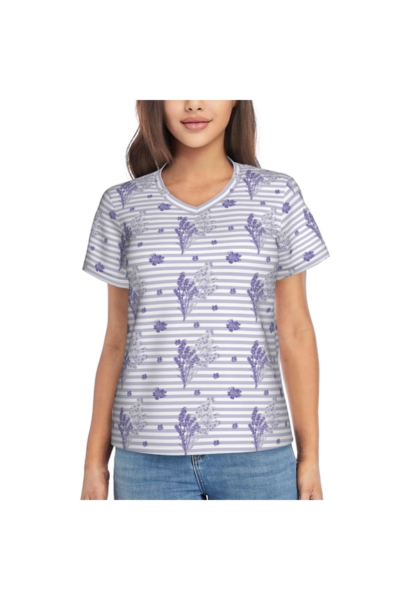 Stripes and Sprigs of Lavender for Women's V-Neck T-Shirts-Elegant Half-Sleeve Tops Perfect for Summer-XX-Large