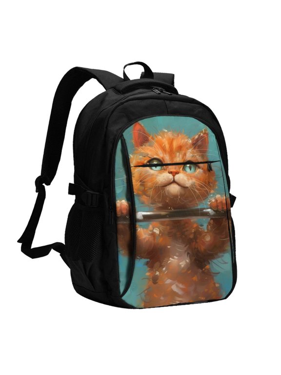 Strong Kitten Lifting Weights for Travel Laptop Backpack, USB-Charging-Enabled, Spacious Business Backpack for Men and Women,College School Computer Bag