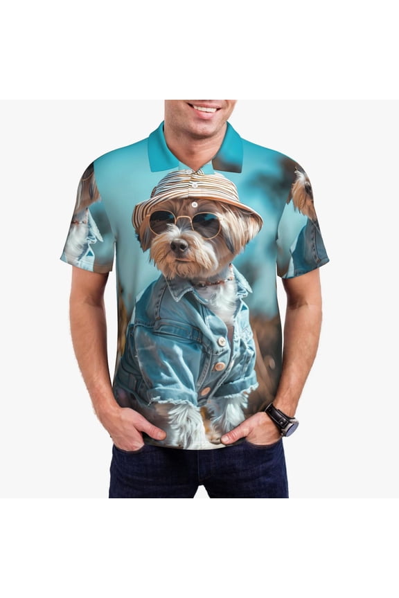 Stylish Dog in Denim Outfit Mens' Casual Short Sleeve Button-Down Polo Shirts for a Classic Golf Shirts-X-Large