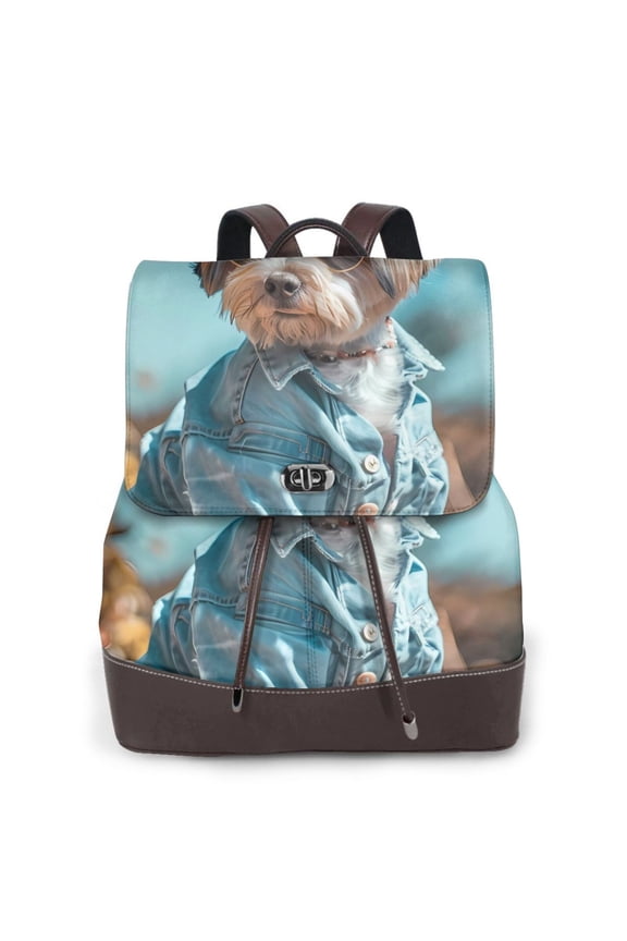 Stylish Dog in Denim Outfit Print Large Backpack Soft Leather for Women Travel with Compartment, Adjustable Convertible Strap