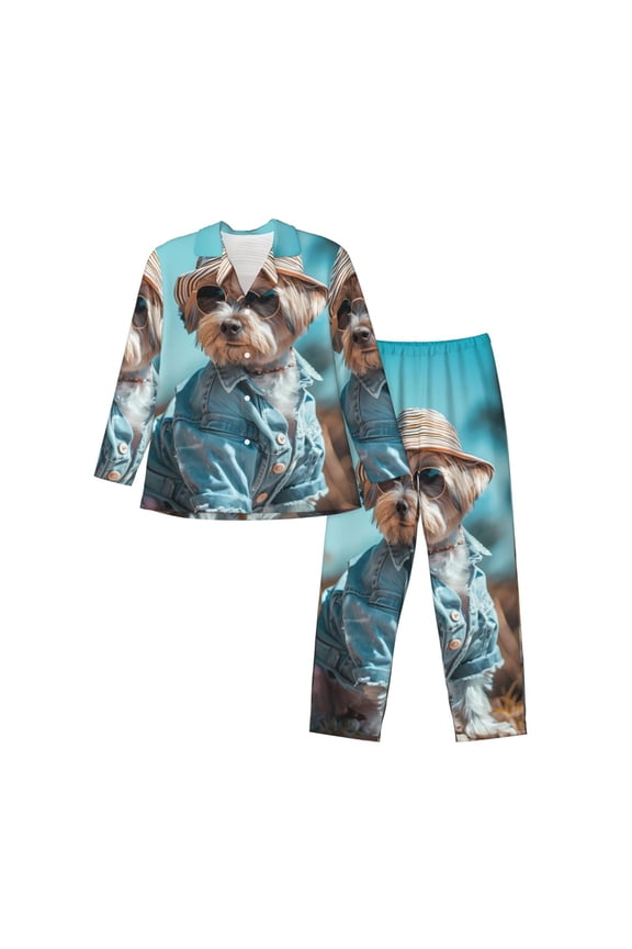 Stylish Dog in Denim Outfit Print Pajamas Set Mens Pajamas Long Sleeve Loungewear Two-Piece Sleepwear Button-Down Pjs Set,2PJS-Medium