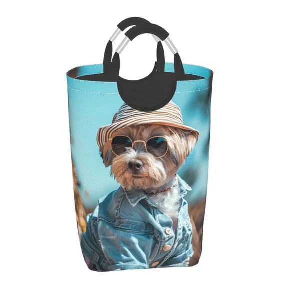 Xecao Stylish Dog in Denim Outfit for Laundry Basket,Collapsible Large Laundry Hamper,Wash Bag for Laundry Room, Rolling Laundry Basket with Handles