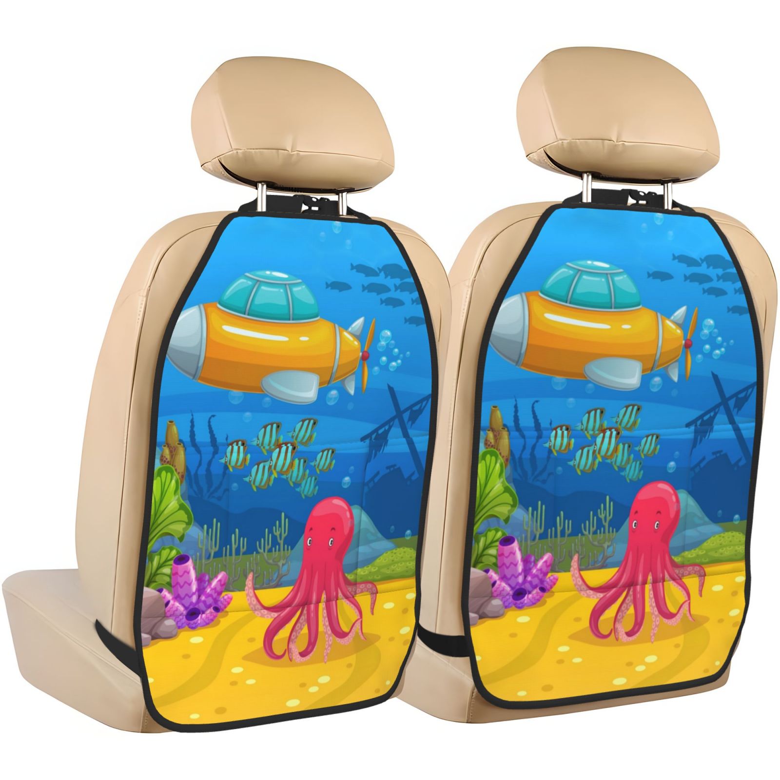 Xecao Submarine And Landscape Pattern Car Seat Back Protector 2 Pack Large Capacity Pocket, Kick Mats Back Seat Protector