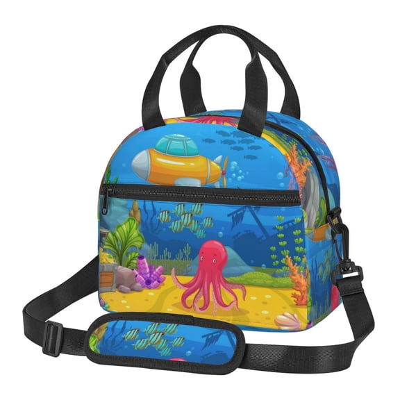 Xecao Submarine And Landscape Print Insulated Lunch Box, Lunch Cags Lunch Bag Featuring An Adjustable Shoulder Strap
