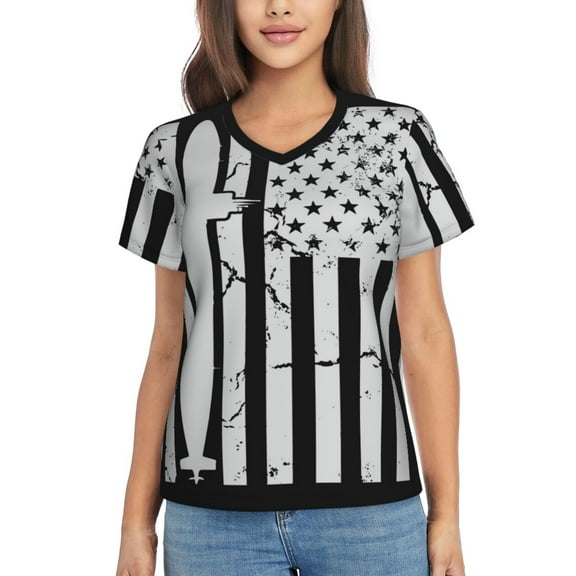 Xecao Submarine Vintage Flag for Women's V-Neck T-Shirts-Elegant Half-Sleeve Tops Perfect for Summer-Medium