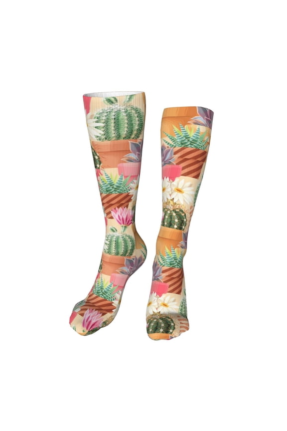 Succulent And Cactus Print Calf Socks Seamless Toe, Knee High Long Socks, Sports Socks Trouser Socks for Women and Men-One Size