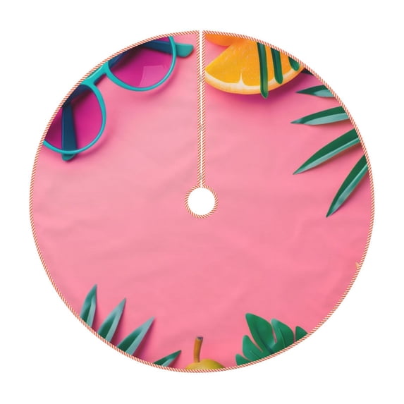 Xecao Summer Fruits And Sunglasses Pattern Christmas Tree Skirt Round Xmas Tree Mat Base Cover for Holiday Home Decorations-36"