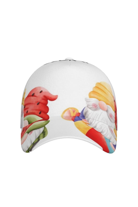 Summer Gnome for Baseball Cap: Unisex, crafted from classic polyester twill fabric, featuring a soft unconstructed design