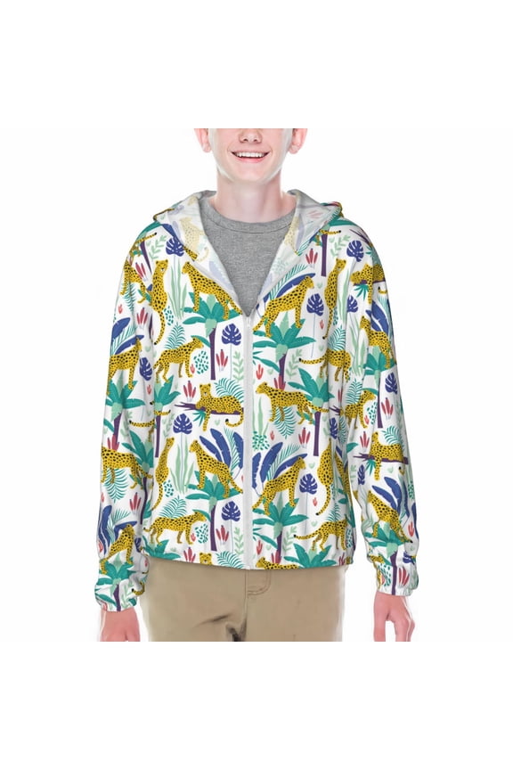 Summer Leopard Print Fishing Shirts for teenager Long Sleeve UV Sun Protection Hoodie with Zipper Outdoor Hiking Shirts-Large