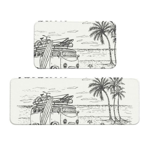 Xecao Summer Vacation Scene With Camping Van Patten Kitchen Rugs and Mats Sets,2 Pieces Non-Slip Washable Rugs, Kitchen Mat for Floor,Suit for Kitchen Decor and Accessories