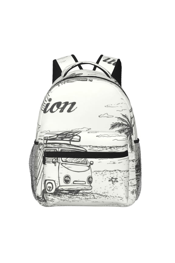 Summer Vacation Scene With Camping Van Backpack, a stylish and functional choice for both men and women, is the perfect basic bookbag for college, work, or travel