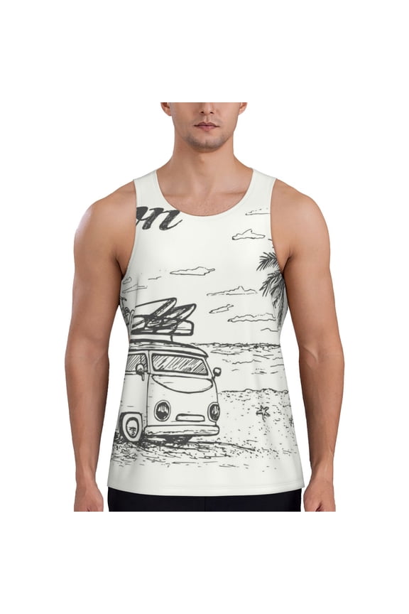 Summer Vacation Scene With Camping Van Men's Tank Top Workout Quick Dry Sleeveless Gym Jogging Muscle Shirts Summer Swim Beach Tops