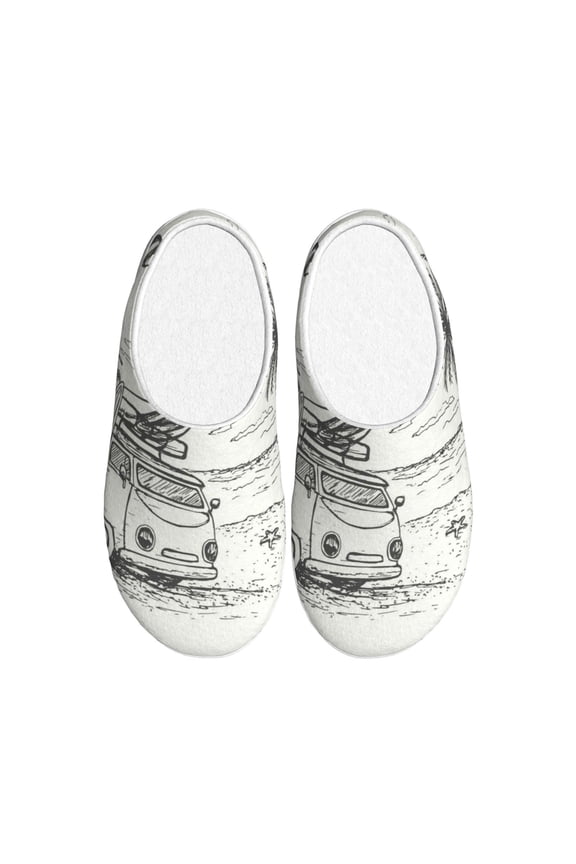 Summer Vacation Scene With Camping Van Print Cotton Slippers Fuzzy Warm Cozy Slippers Non Slip House Slippers For Indoor Outdoor Cotton Slippers House Slippers-11