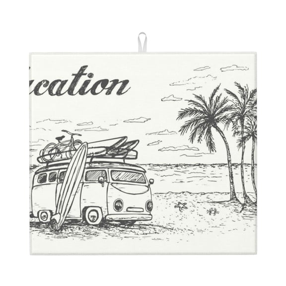 Xecao Summer Vacation Scene With Camping Van Print Dish Drying Mat for Kitchen Counter,Absorbent Coffee Bar Mat, Dish Drainer Rack Mats,Dining Room Decoration