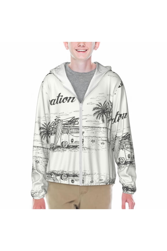 Summer Vacation Scene With Camping Van Print Fishing Shirts for teenager Long Sleeve UV Sun Protection Hoodie with Zipper Outdoor Hiking Shirts-Medium