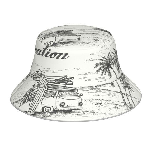 Xecao Summer Vacation Scene With Camping Van Print Men and Women Night Reflective Hat Runner Cap Visor Bucket Hat Boonie Cap