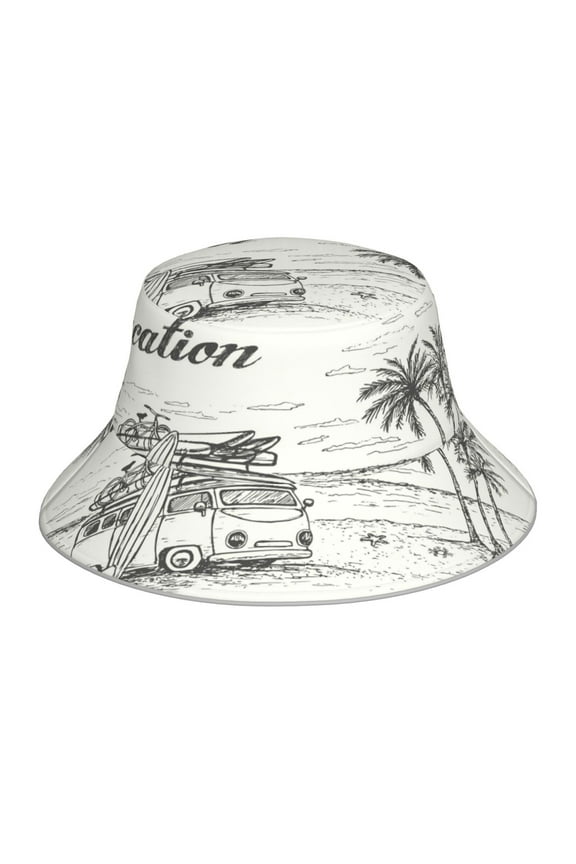 Summer Vacation Scene With Camping Van Print Men and Women Night Reflective Hat Runner Cap Visor Bucket Hat Boonie Cap