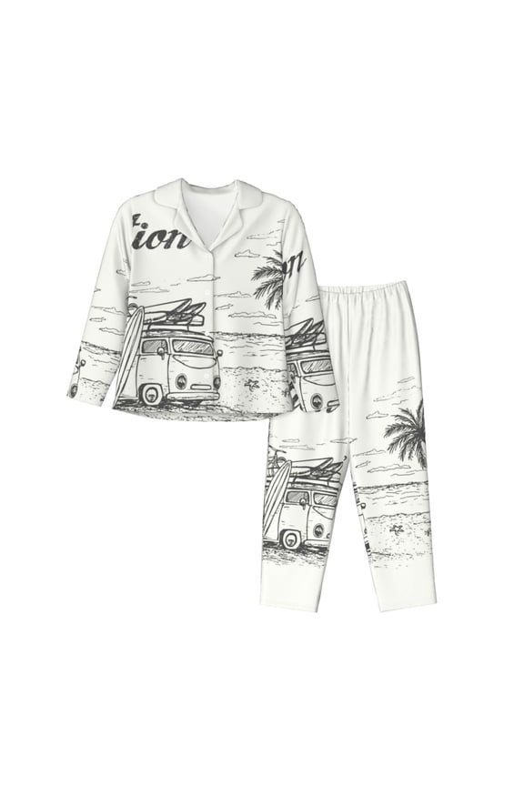 Summer Vacation Scene With Camping Van Print Women Pajamas Set Soft Sleepwear Pjs long Sleeve Button Down Nightwear with Long Pants