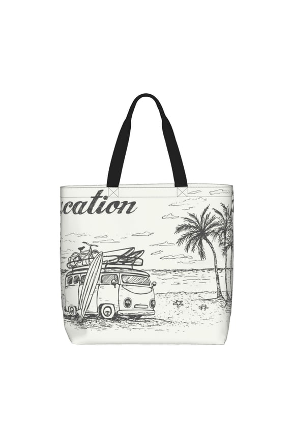 Summer Vacation Scene With Camping Van for Tote Bag: spacious with inner pockets, ideal for work, shopping, or travel.