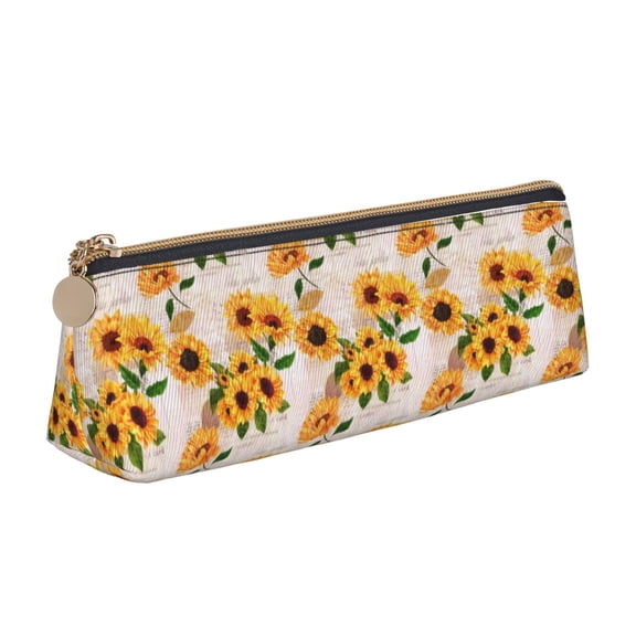 Xecao Sunflower 5 Print Leather Pencil Case -Stationery Bag Pen Holder for Work & Office