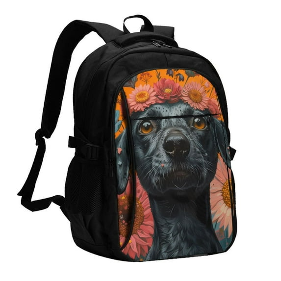 Xecao Sunflower Black Dog for Travel Laptop Backpack, USB-Charging-Enabled, Spacious Business Backpack for Men and Women,College School Computer Bag